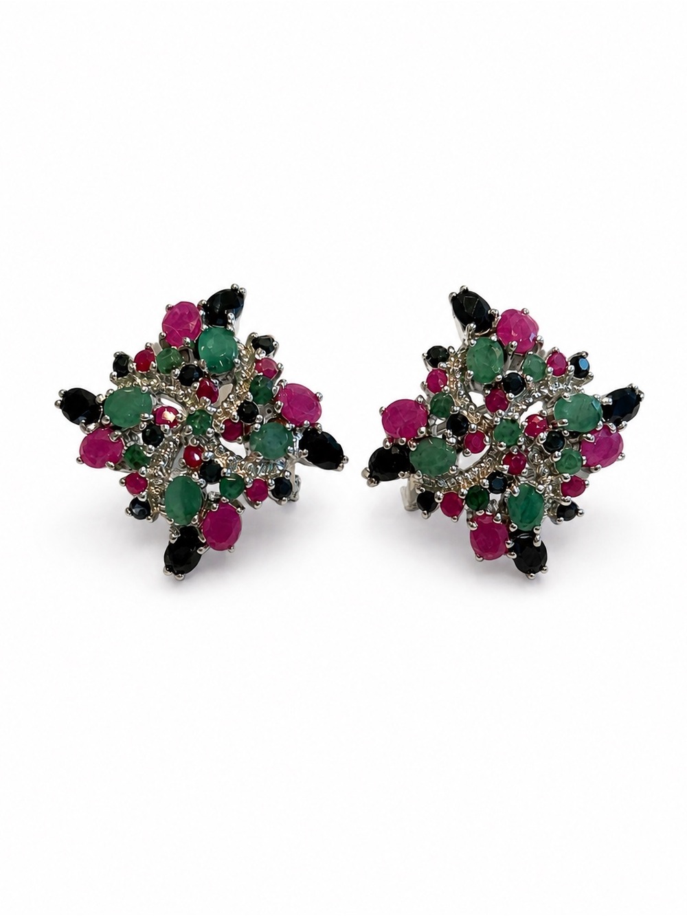 Sterling Silver Ruby, Sapphire Emerald Earrings New